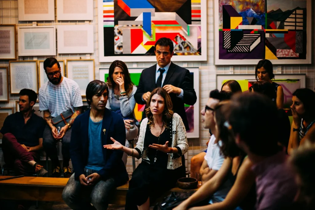 Group of professionals in a lively discussion